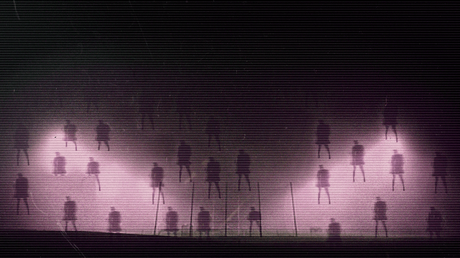 Dark sky filled with static and stick-figure-like humanoid forms above what appears to be a sports field.