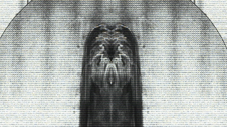 Pixellated creature, thin cylindrical body covered with water-slick hair, rises from a pale lake.
