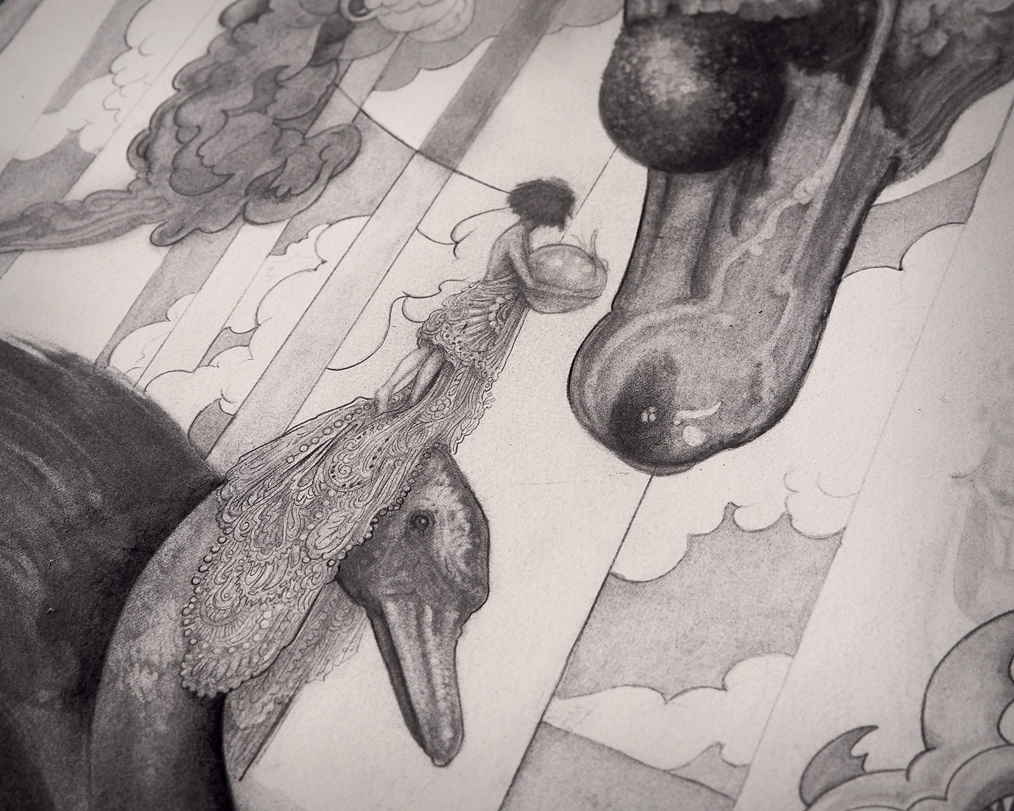 Graphite sketch of the girl and the peach and the giant swan.
