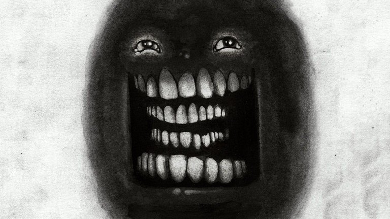 Black-and-white ovoid inkblot creature with smiling eyes and an extremely toothy mouth within an identical mouth.  Two gloved hands appear to welcome you.