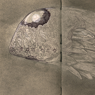 A sketch of a many-eyed whale with an orb embedded in its head and a tale made of jutting protrusions of crystal.