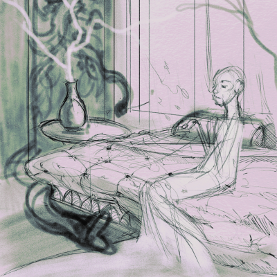 Sketch of a woman smoking a cigarette on an elaborate bed.