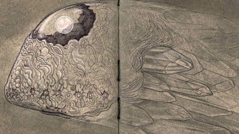A sketch of a many-eyed whale with an orb embedded in its head and a tale made of jutting protrusions of crystal.