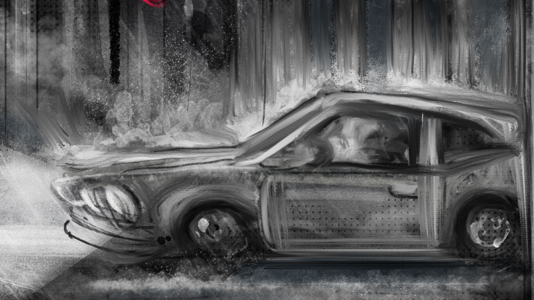A red, ghostly hound lurks above an idling car with its headlights on in the dark woods.