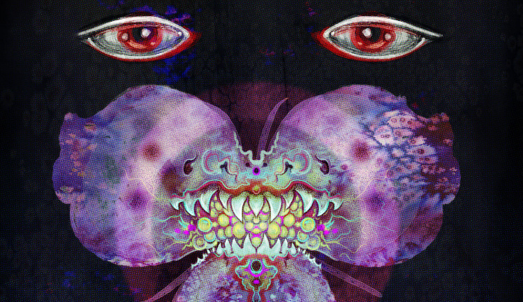 A face where only the eyes and mouth are visible.  The eyes are red and the mouth's jagged teeth seem fused with the center of a three-petaled purple flower.