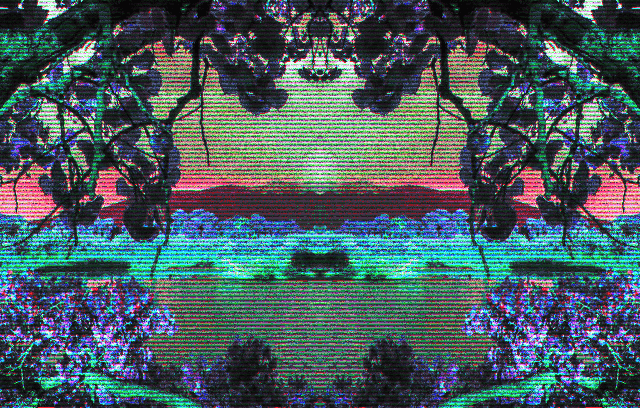 Mirrored, jittery, static-and-scanline filled, garish-colored landscape.  Perhaps looking at a lake through treebranches.