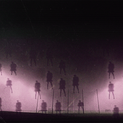 Dark sky filled with static and stick-figure-like humanoid forms above what appears to be a sports field.