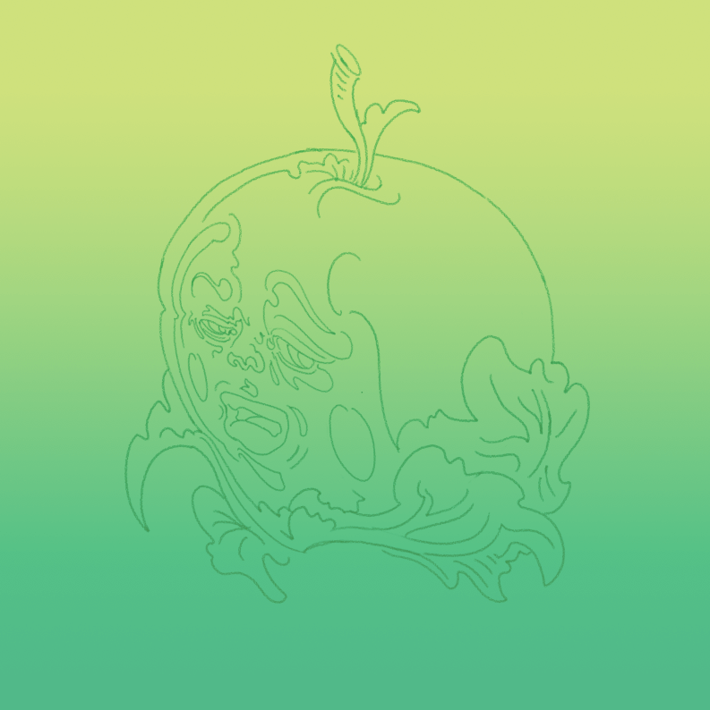 Green outline for a peach with a face, on a yellow-to-green gradient field.