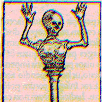 Jittery, staticky, skeleton-scepter being held by a hand, as in a medieval, illuminated text.