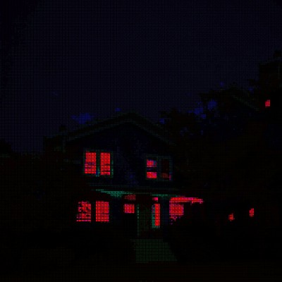 A suburban house at night, windows glowing brightly with primary colors that cycle through the full spectrum.