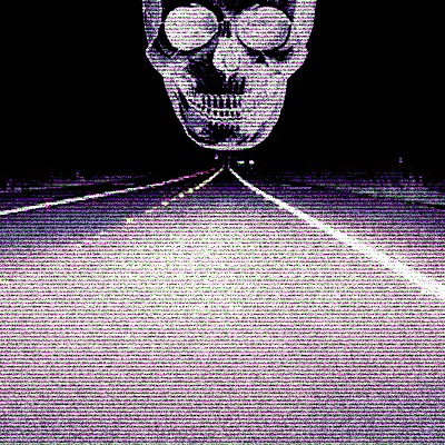 A staticky skull looming over the horizon of a road at night.  The road stretches into the featureless distance.