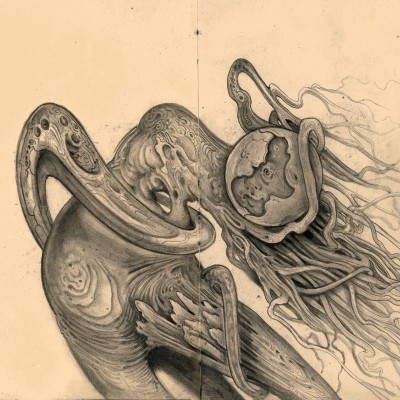 A twisting creature with an almost-wooden texture to its skin, wrapping itself with many elongated limbs, whose head resembles a moon, with hairlike tendrils extending outward as though flowing in the wind, or in water.