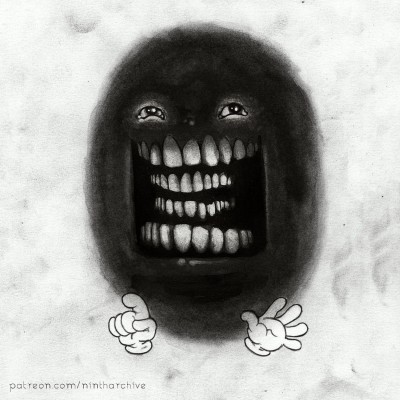 Black-and-white ovoid inkblot creature with smiling eyes and an extremely toothy mouth within an identical mouth.  Two gloved hands appear to welcome you.