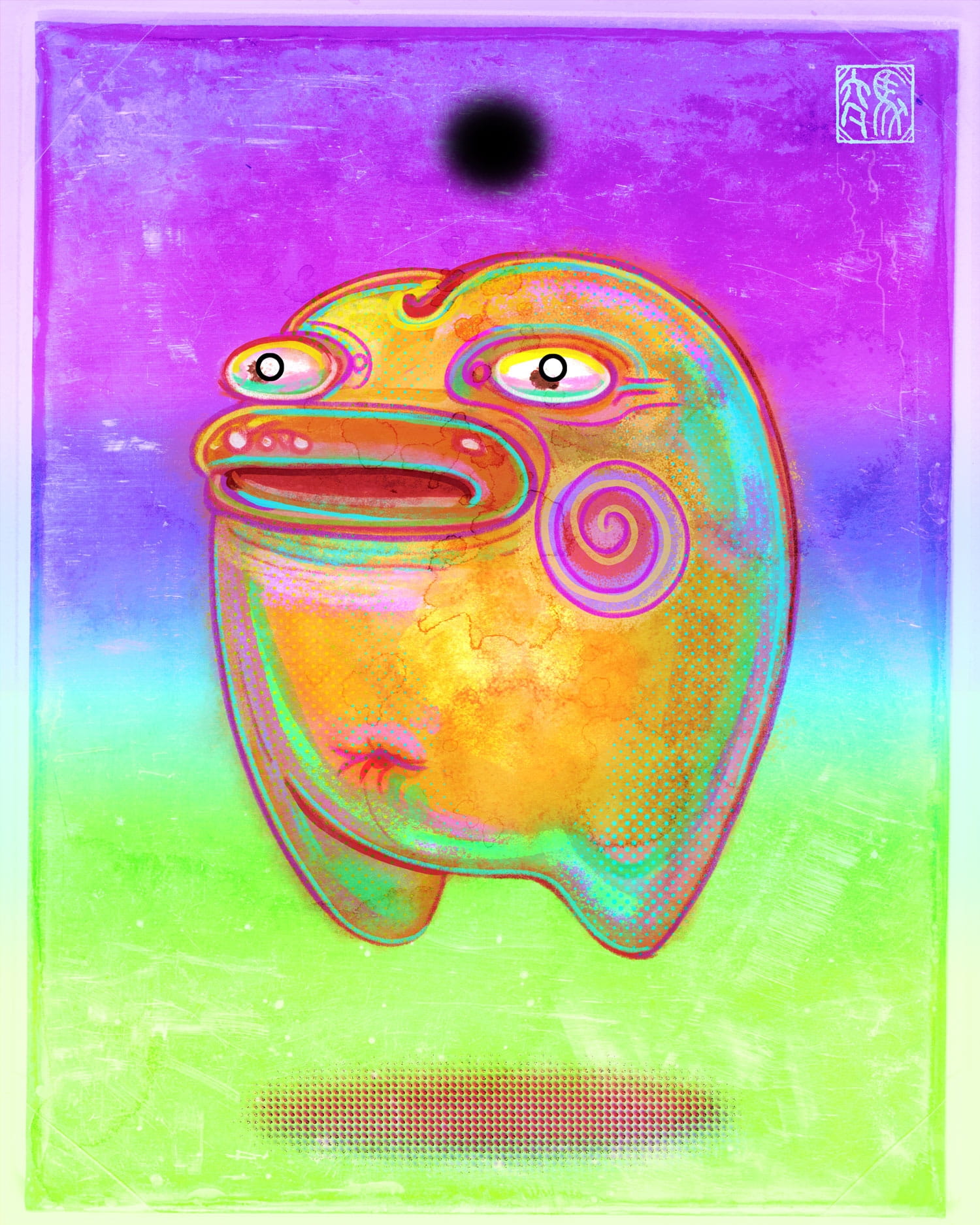 Hyperneon peach-oid creature with a face and spiral-rosy cheeks floating above a garishly colored background.