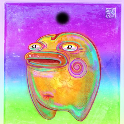 Hyperneon peach-oid creature with a face and spiral-rosy cheeks floating above a garishly colored background.
