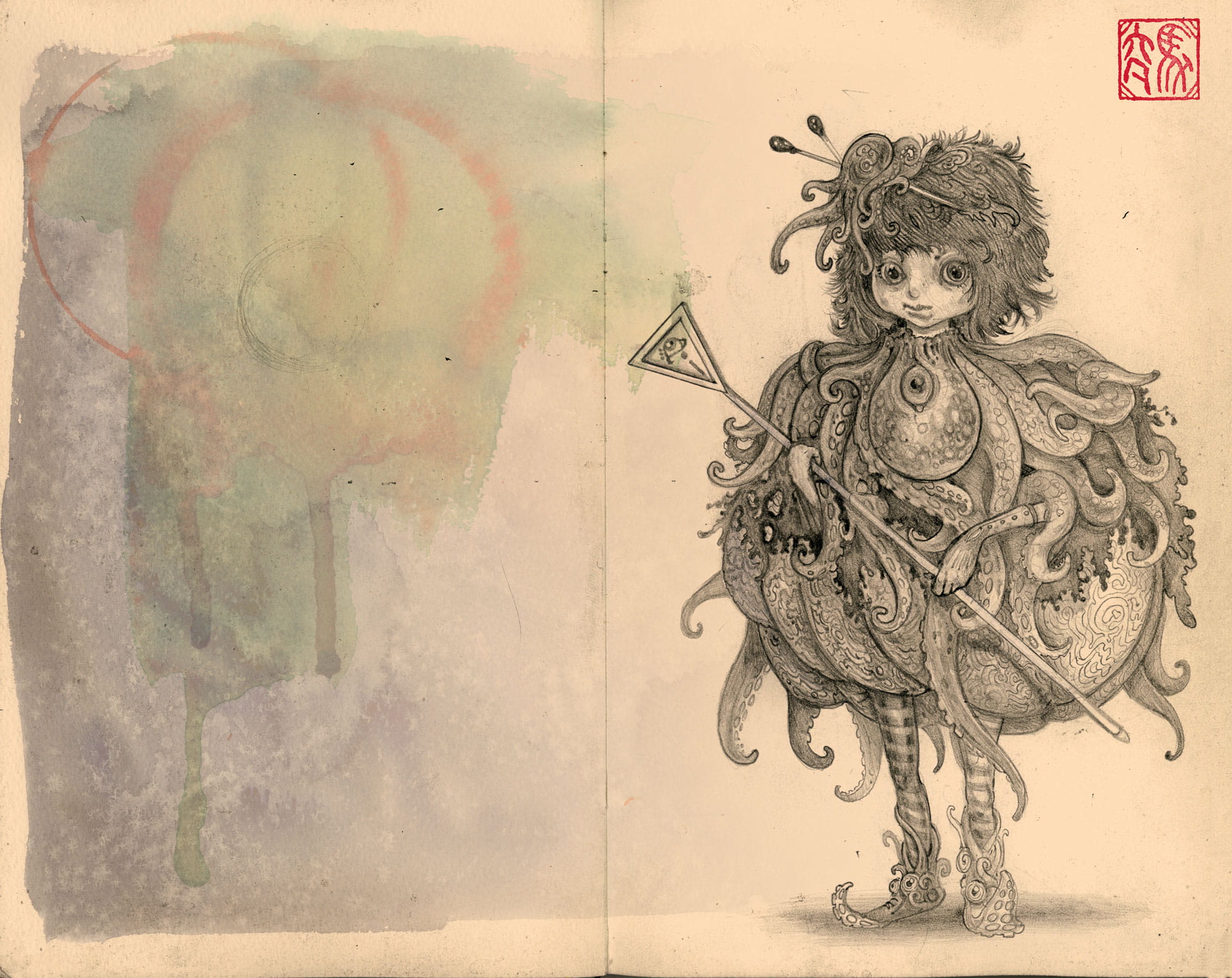 Uncolored sketch of Titania on the right-side page of a Moleskine notebook spread open.