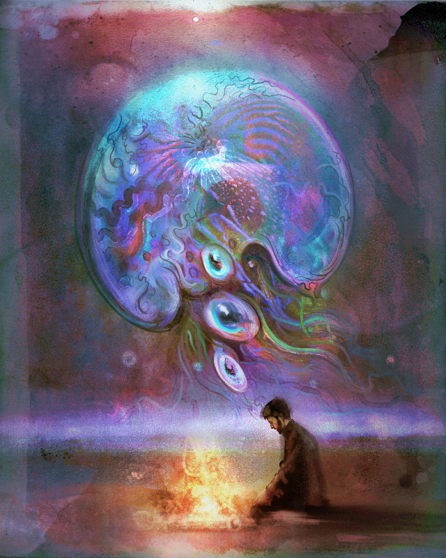 A man sitting staring into bonfire with a ghostly jellyfish floating above him.