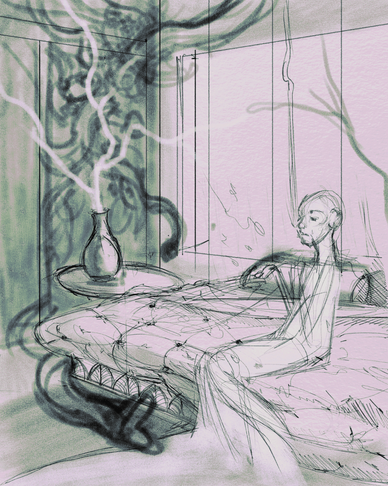 Sketch of a woman smoking a cigarette on an elaborate bed.