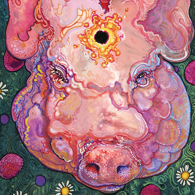 The head of a pig, with a circular hole in the forehead, floating on a green field of flowers.