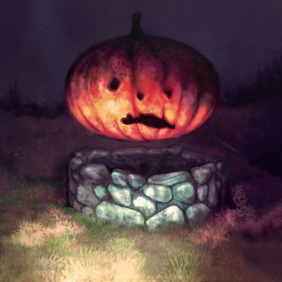 A phantom Jack-O'Lantern looms of above a stone well at twilight on a field.