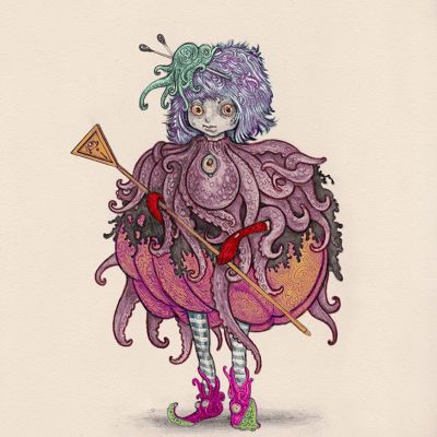 A character sheet from an imaginary role playing game depicting the statistics and equipment of a young elfin girl wearing a variety of cephalopod themed clothing.