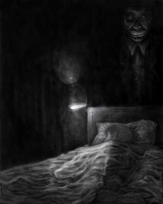 A child asleep in bed with a shrouded and smiling figure looming over him, wearing a wrinkled suit and tie.