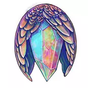 An opal-like faceted crystal with angelic wings