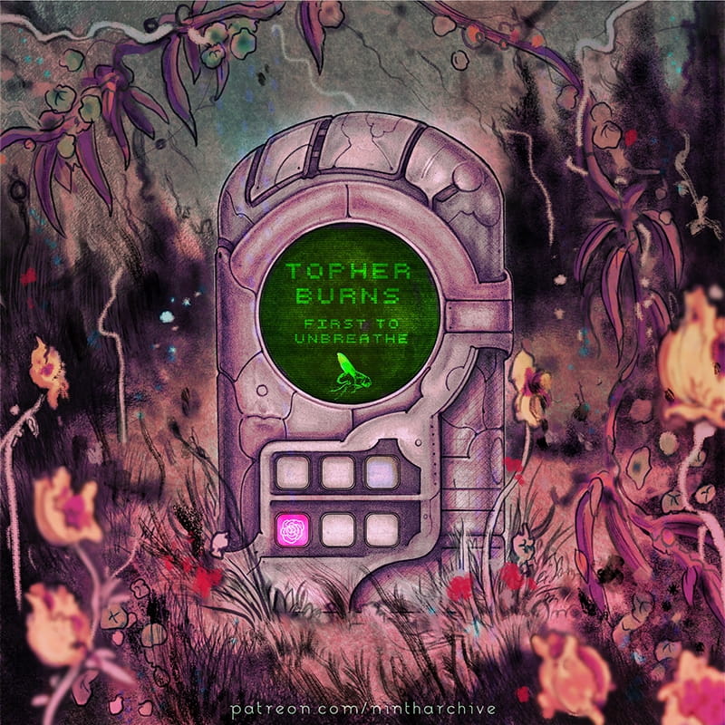 Pale pink, metallic tombstone with a circular, green CRT display reading 'Topher Burns, first to unbreath' with the icon of a fly beneath it.  The tombstone is amid a field of pink and orange flowers and fungi.