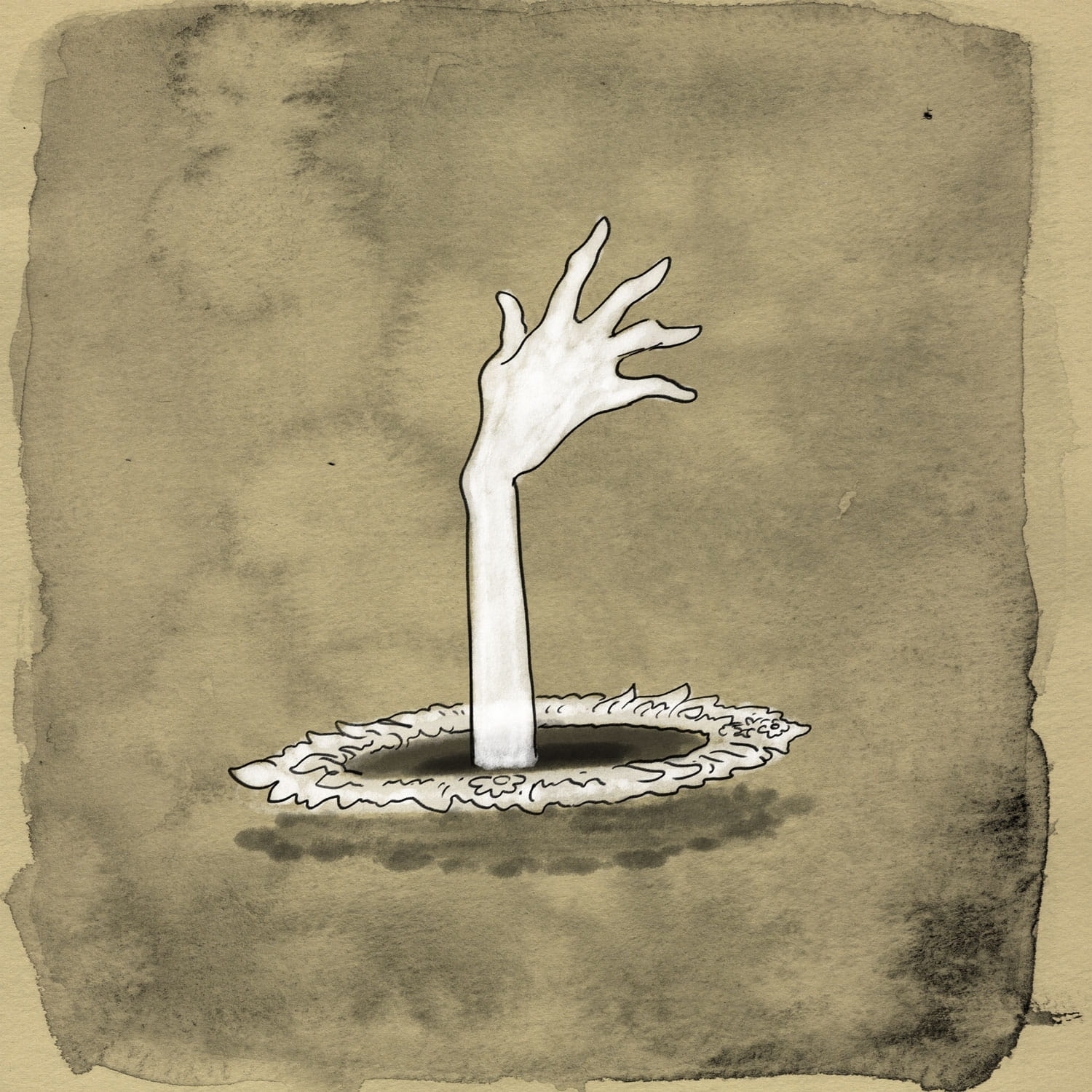 A corpselike hand extending from a hole in the ground.