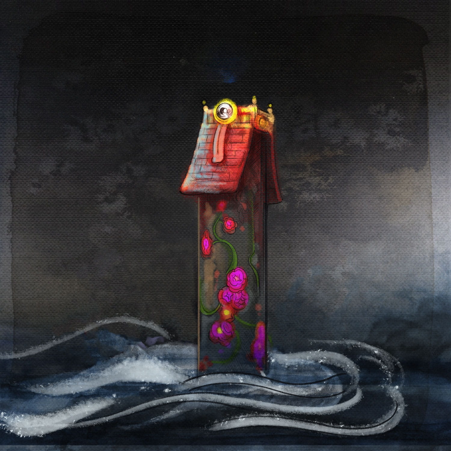 A tower with painted stalks and flowers on its walls and an eyelike lookout atop it rising above a grey, wavy ocean.