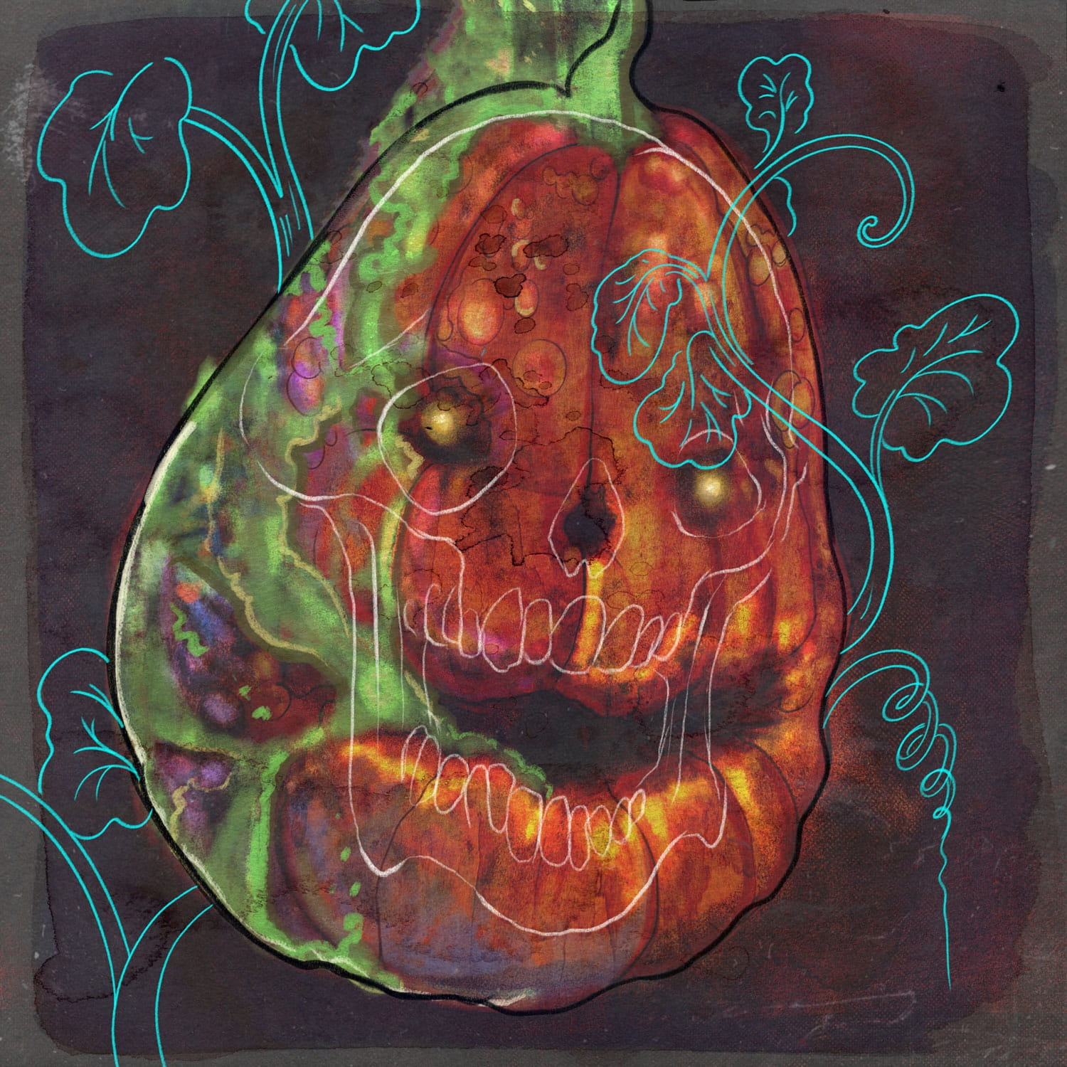 A hazy, green and purple, rotting and moldy pumpkin with a sharp, line-art skull and frontlike plants superimposed.