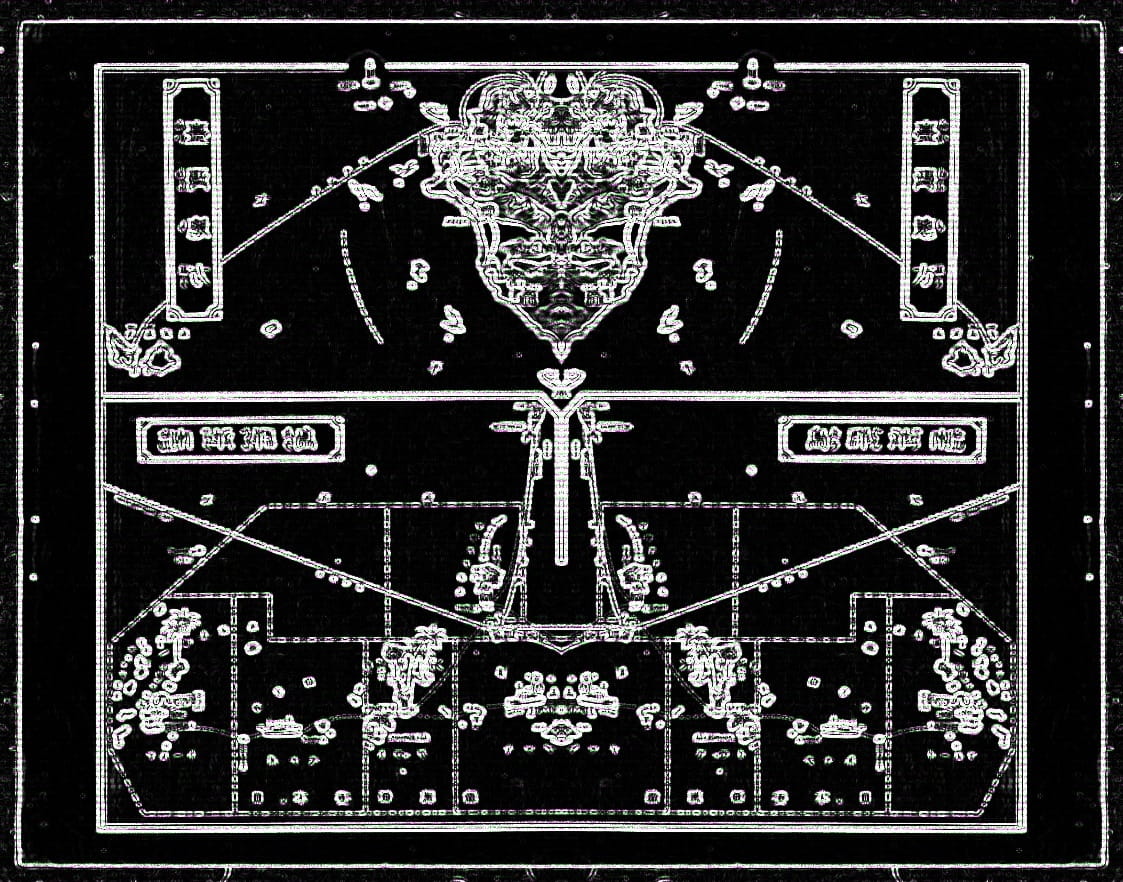 A glitchy-looking black field with white sigils, characters, patterns, and insignia reminiscent of television test patterns.